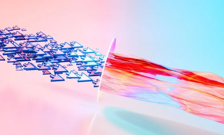 Pixelated cursors transform into a vibrant, abstract geometric shape.