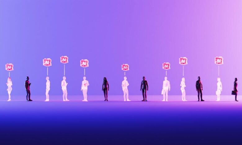 Row of diverse figures connected to AI icons, symbolizing technology's influence.