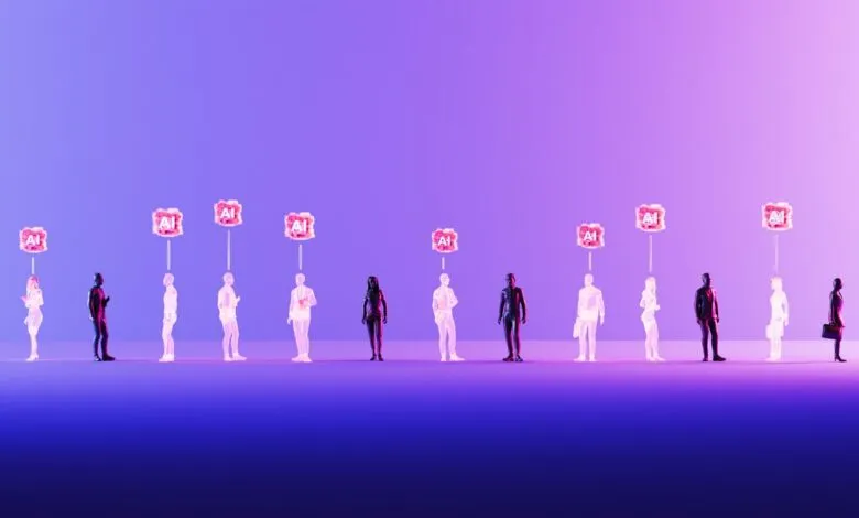 Row of diverse figures connected to AI icons, symbolizing technology's influence.