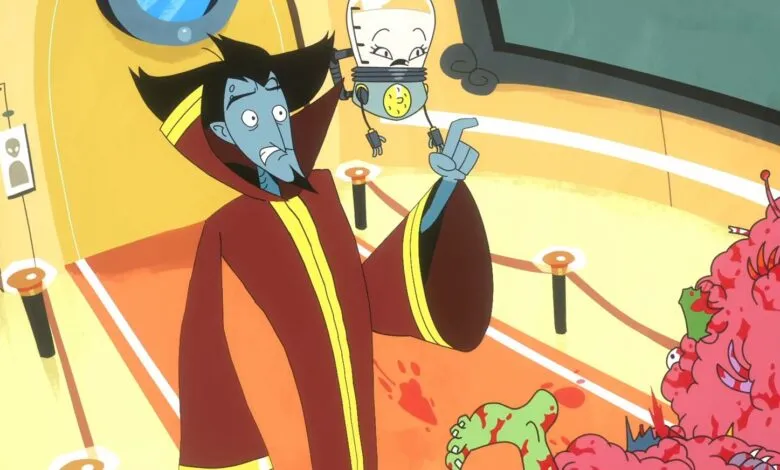 Cartoon image of villain with lightbulb robot in a colorful, chaotic scene.