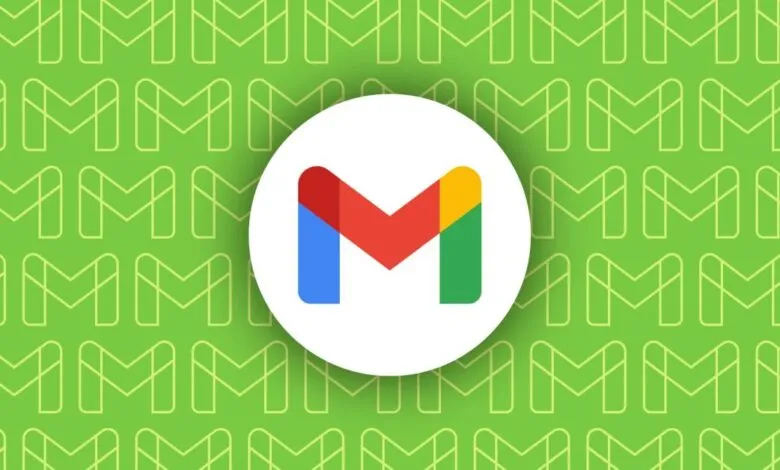 Gmail logo on a green background with repeating 'M' pattern.