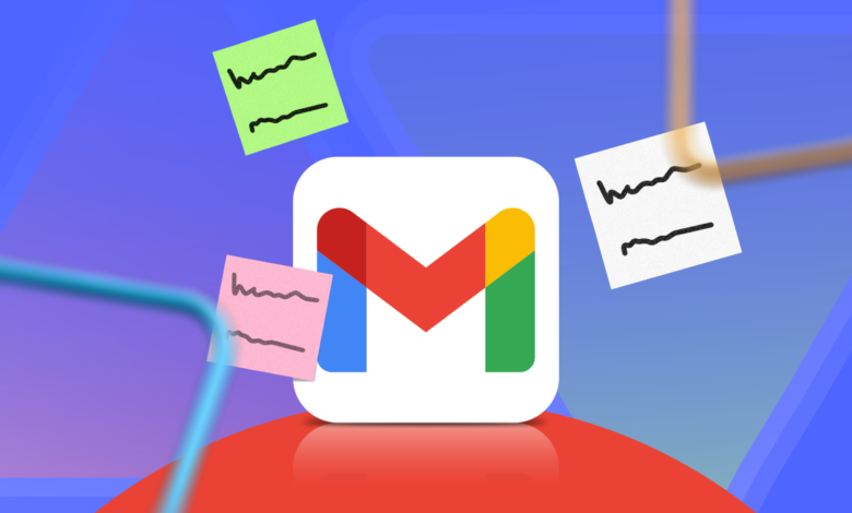 Gmail logo surrounded by colorful sticky notes on blue background.
