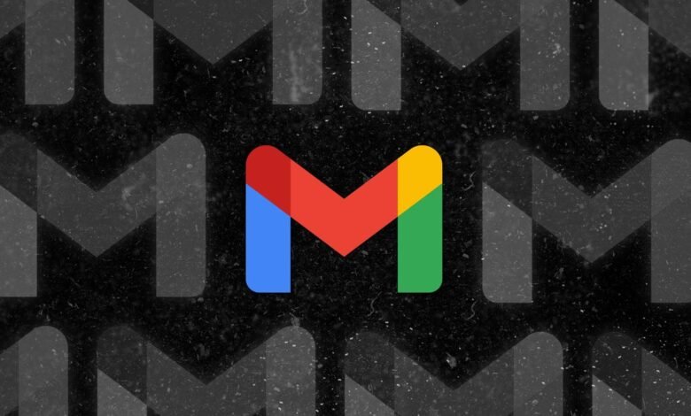 Gmail logo on a textured dark background with repeating 'M' shapes.