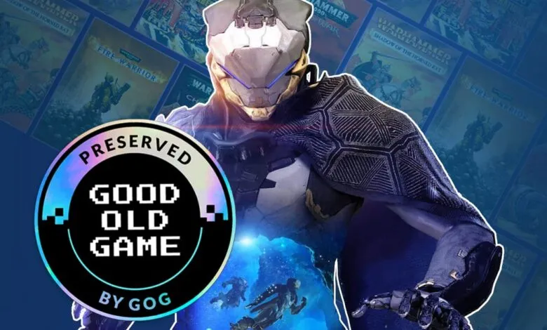 GOG ad featuring a futuristic character against a backdrop of classic game covers.