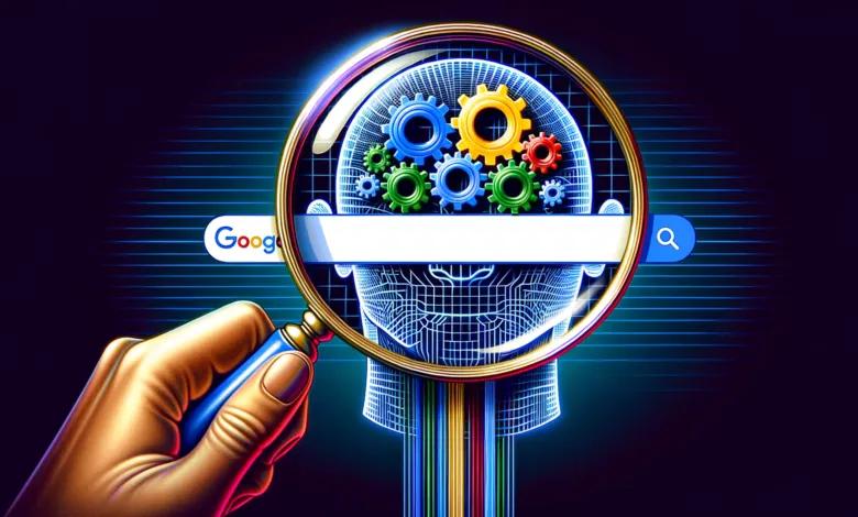 AI search concept: Magnifying glass over head with gears and search bar.