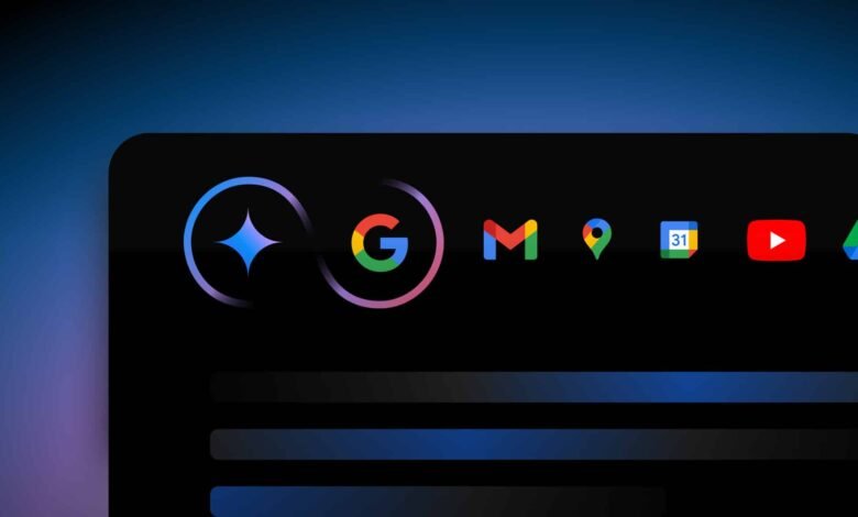 Google app icons including Gemini, Gmail, Maps, Calendar, and YouTube.