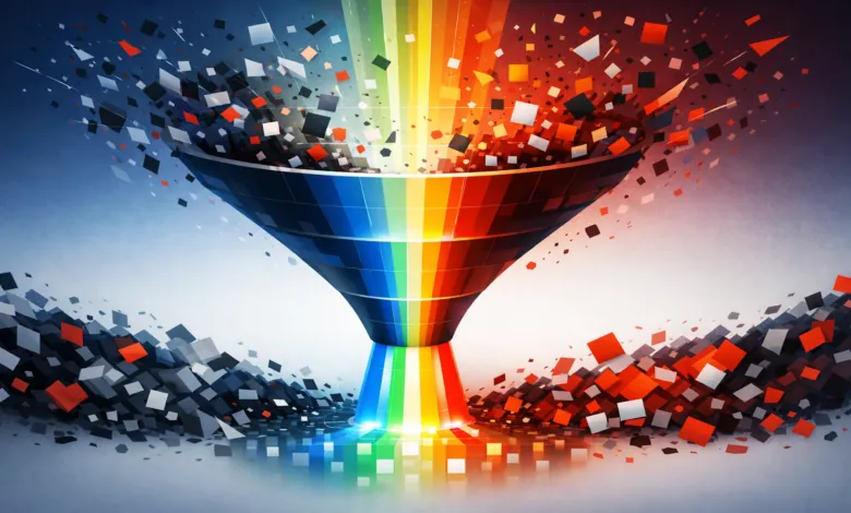 Abstract funnel with rainbow light and scattered squares.
