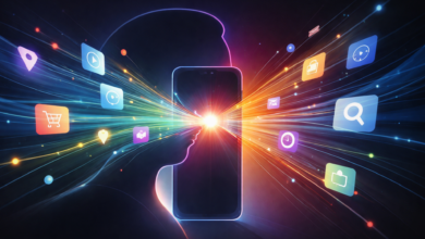 Smartphone with glowing icons representing apps and data streams.