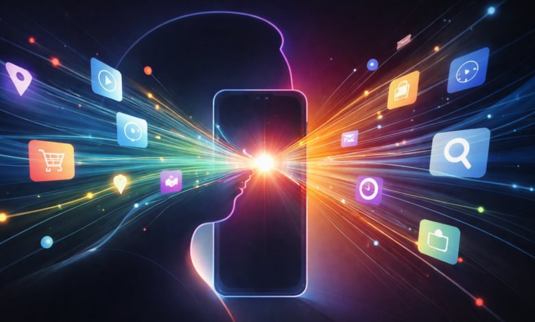 Smartphone with glowing icons representing apps and data streams.