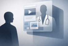 Person facing screen showing doctor silhouette, video, and images.