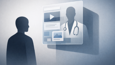 Person facing screen showing doctor silhouette, video, and images.