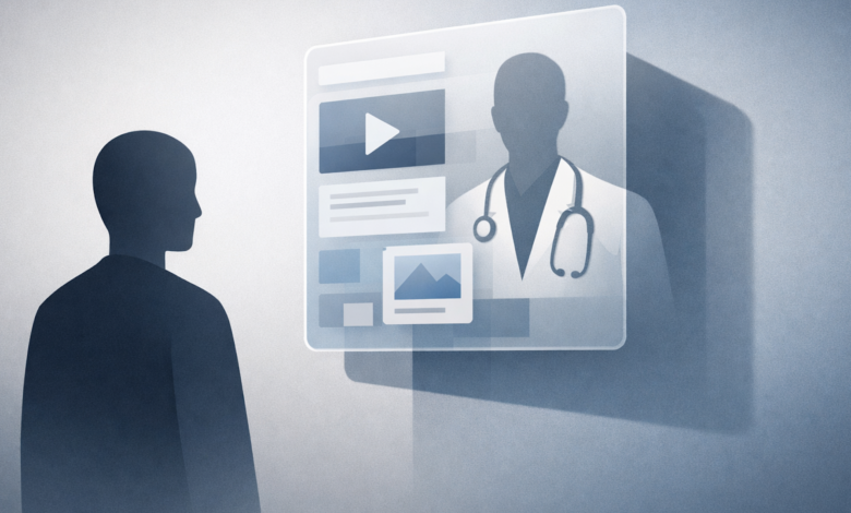 Person facing screen showing doctor silhouette, video, and images.