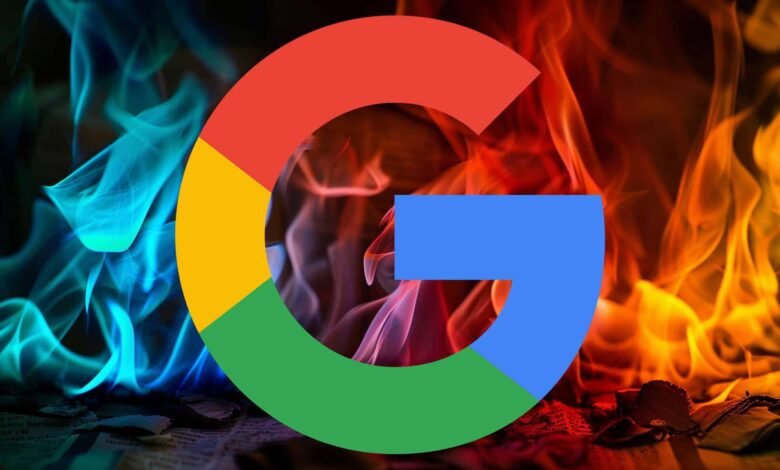 Google logo overlaid on images of blue and orange flames.