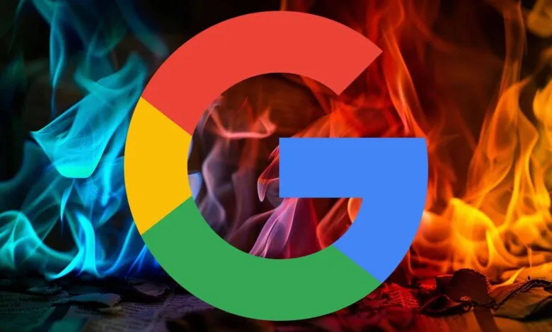 Google logo overlaid on images of blue and orange flames.