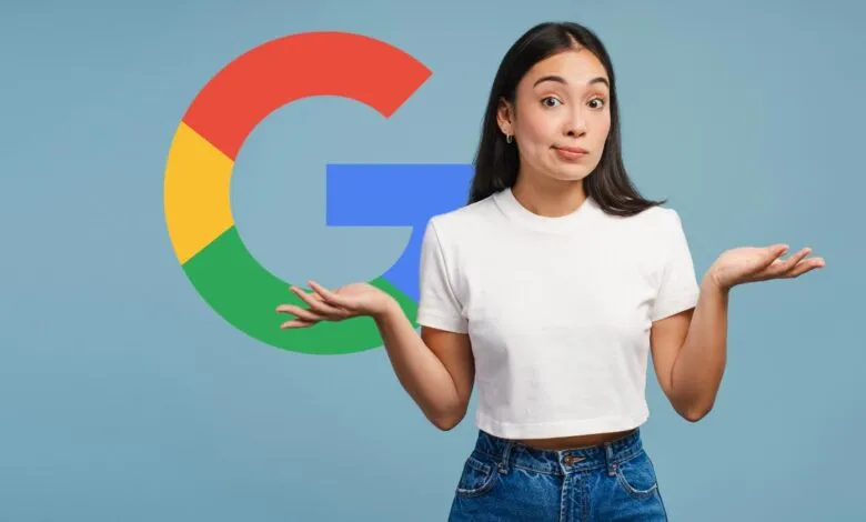 Woman shrugging with Google logo, conveying confusion about search.