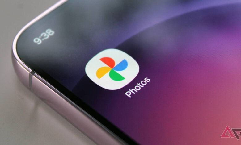 Close-up of a phone screen displaying the Google Photos app icon.