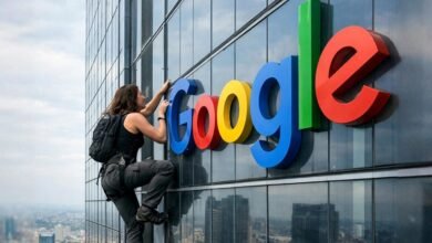 Woman climbing Google building, wearing backpack and climbing gear.