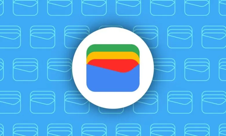 Google Wallet logo with green, yellow, red, and blue layers on blue background.