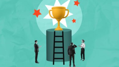 Business team striving for success, represented by a trophy on a pedestal.