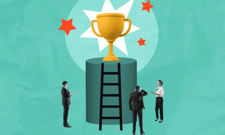 Business team striving for success, represented by a trophy on a pedestal.