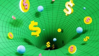 Green vortex with floating dollar signs and spheres, financial concept.