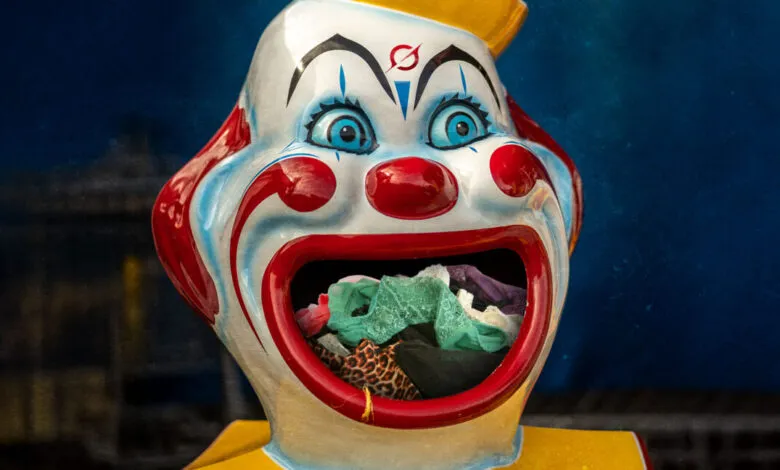 Clown head with open mouth filled with colorful fabrics.