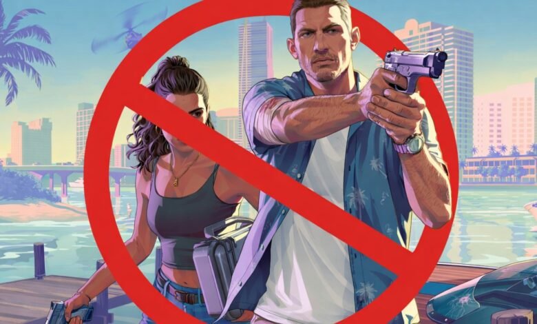 GTA 6 characters with a large red 'no' symbol over them.