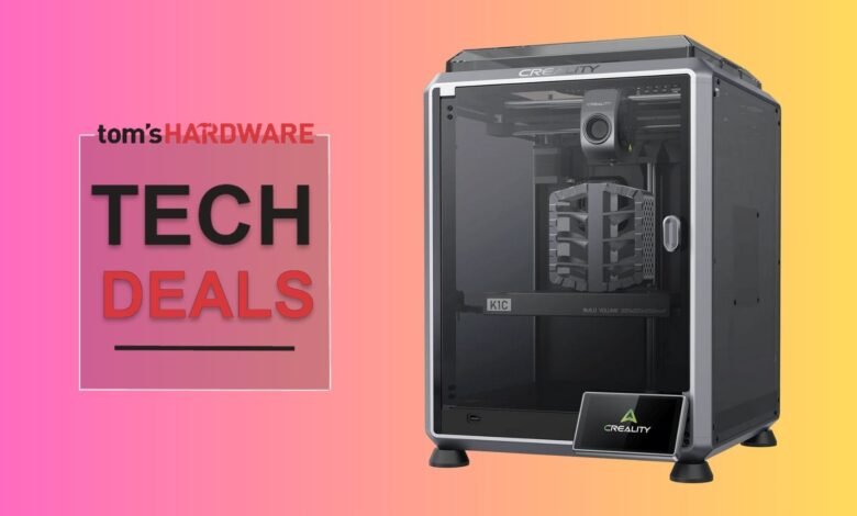 Creality K1C 3D printer on display with Tom's Hardware tech deals graphic.