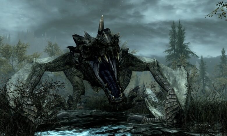 Dragon with open mouth in a misty forest environment.