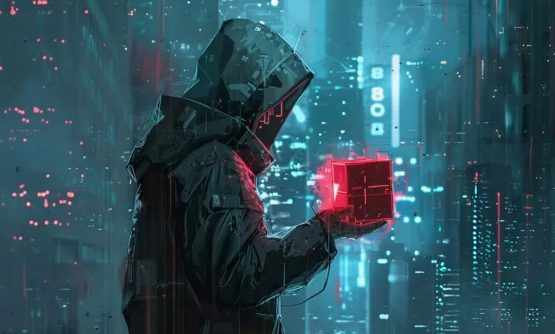 Person in hoodie holds glowing red cube against futuristic cityscape.