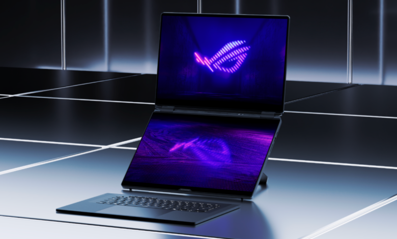 ROG Zephyrus Duo laptop with dual screens, neon logo.