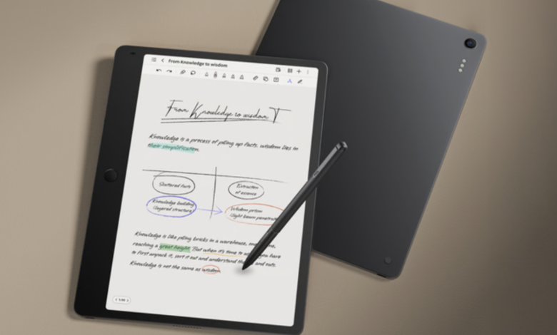 Tablet displaying handwritten notes with a stylus, promoting digital note-taking.
