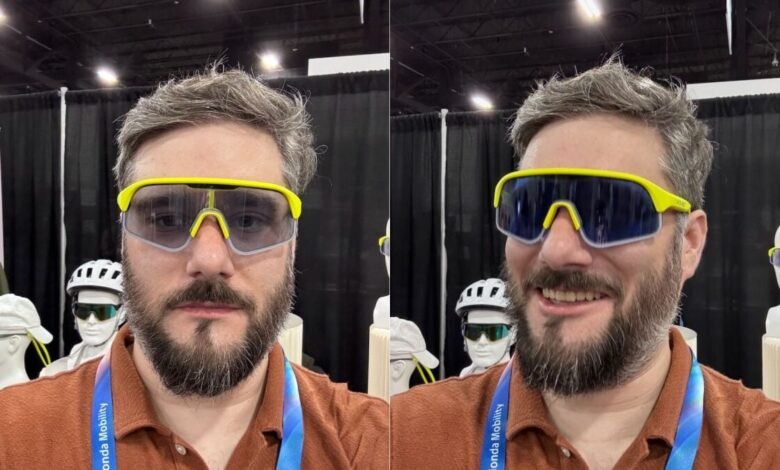 Man models yellow-framed sunglasses with different lens tints.