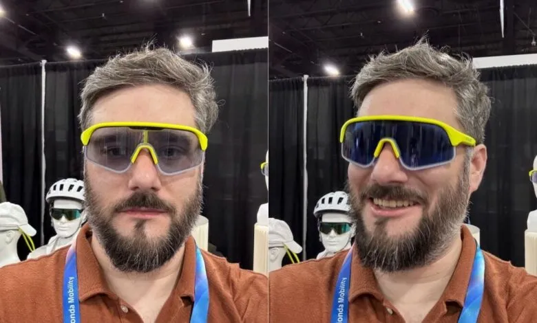 Man models yellow-framed sunglasses with different lens tints.
