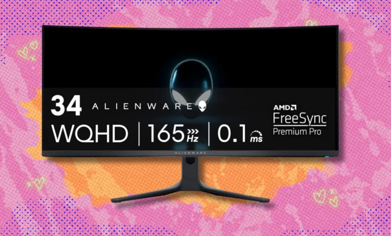 Alienware 34-inch curved gaming monitor with WQHD resolution and AMD FreeSync Premium Pro.