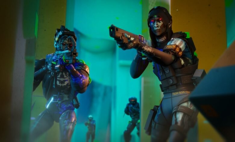 Two futuristic soldiers with glowing red eyes aim weapons in a corridor.