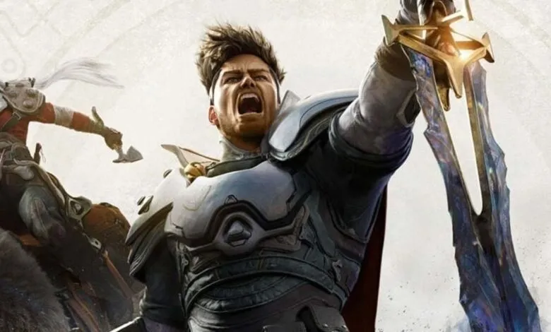 Fantasy warrior raises sword in victory, another figure in background.