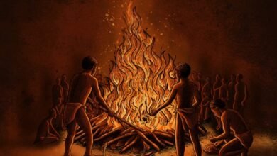 Illustration of people gathered around a large bonfire at night.