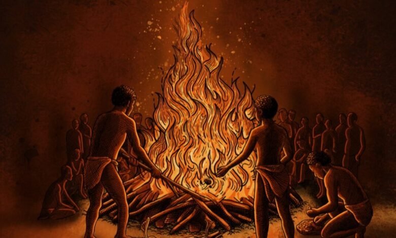 Illustration of people gathered around a large bonfire at night.