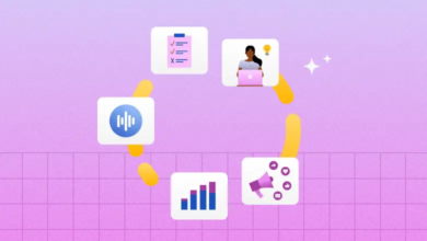 Social listening process illustrated with icons and a person working on a laptop.