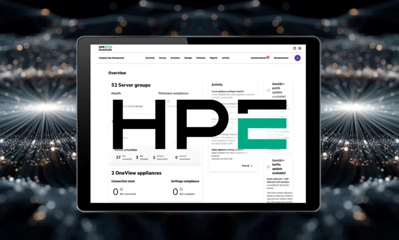 HPE GreenLake dashboard on tablet showing server group health and firmware compliance.