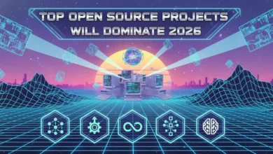 Retro-futuristic landscape with computers and neon icons, predicting open source dominance in 2026.