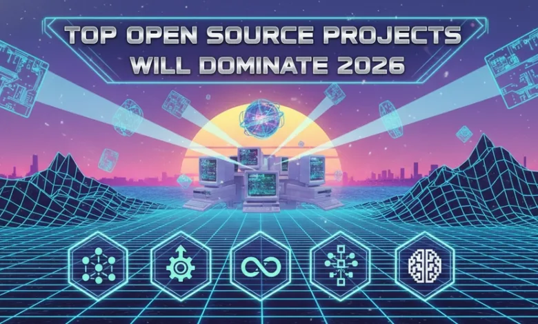 Retro-futuristic landscape with computers and neon icons, predicting open source dominance in 2026.