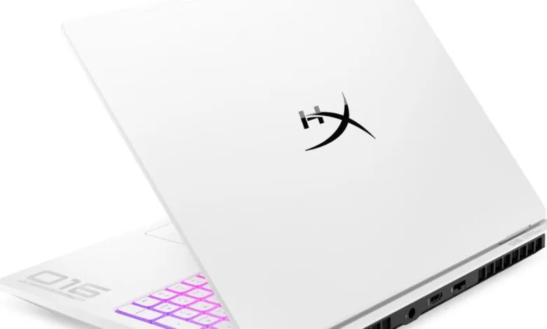 White HyperX gaming laptop with RGB keyboard and black logo.