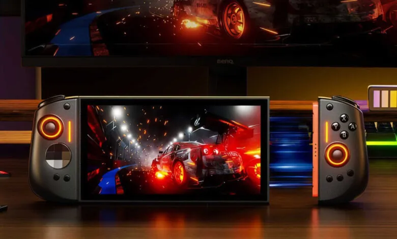 Handheld gaming console displaying a racing game with a car.