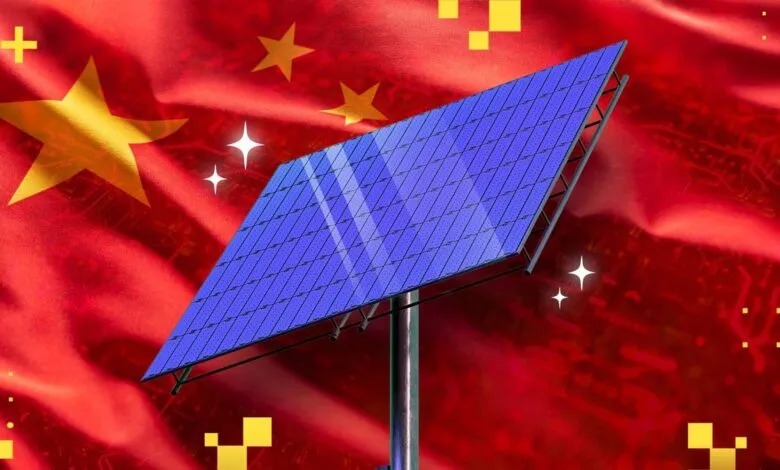 Solar panel against a stylized Chinese flag background.