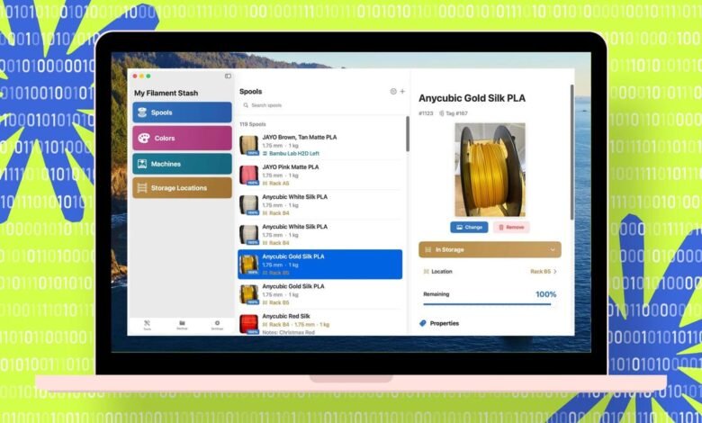 Screenshot of 'My Filament Stash' app on a Macbook, showing 3D printing filament inventory.