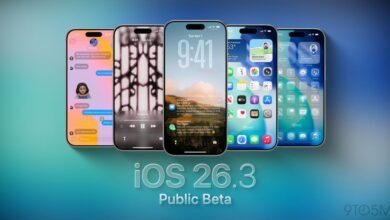 Five iPhones displaying different screens of the iOS 26.3 Public Beta.