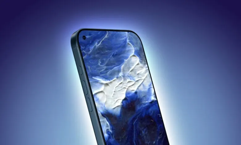 Close-up of a blue smartphone with a hole-punch camera design.