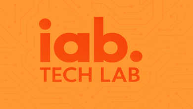 IAB Tech Lab logo in orange on a circuit board background.